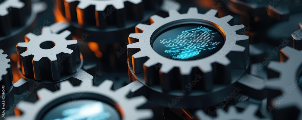 Poster close-up of mechanical gears with intricate designs and metallic textures.
