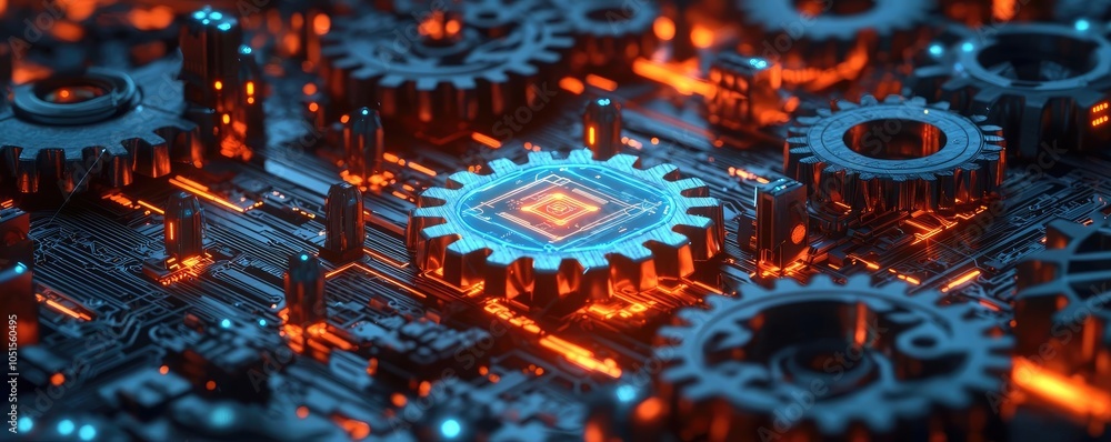 Poster close-up view of gears and circuits, illuminated with vibrant glowing lights.