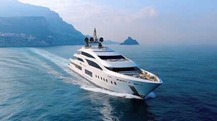 Luxury yacht cruising in serene waters near coastal cliffs.