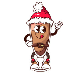 Groovy hot chocolate glass cartoon character with red Santa hat waving. Funny retro cup of hot drink greeting. Christmas mascot, cartoon chocolate beverage sticker of 70s 80s style vector illustration