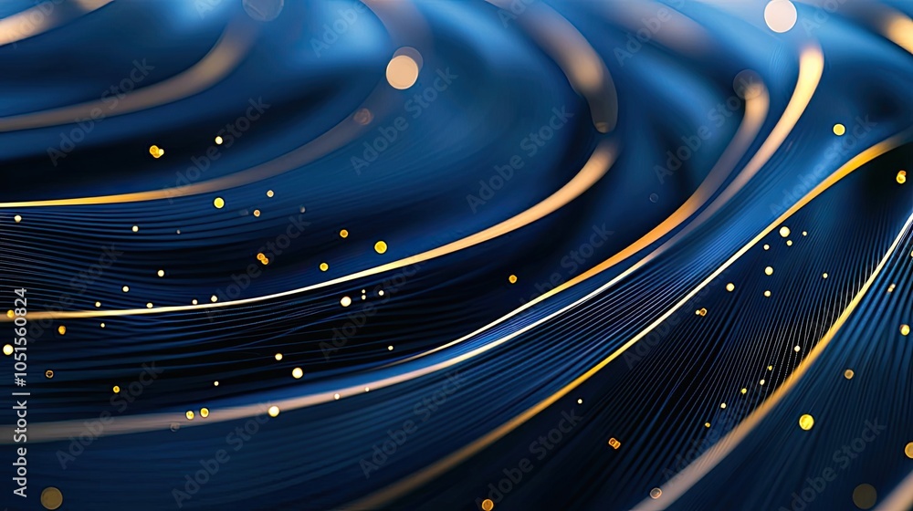 Poster abstract flowing lines with sparkling particles on a deep blue background.