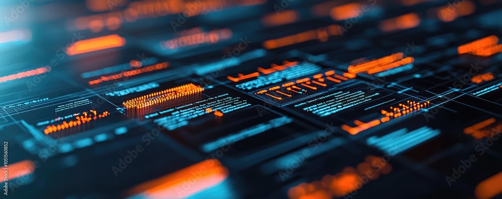 Poster futuristic digital grid with glowing orange and blue data interface.