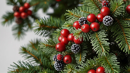 Fir twig with red berries, natural Christmas decoration. Design element for creating festive winter holidays arrangements, frames, cards, invitations.	