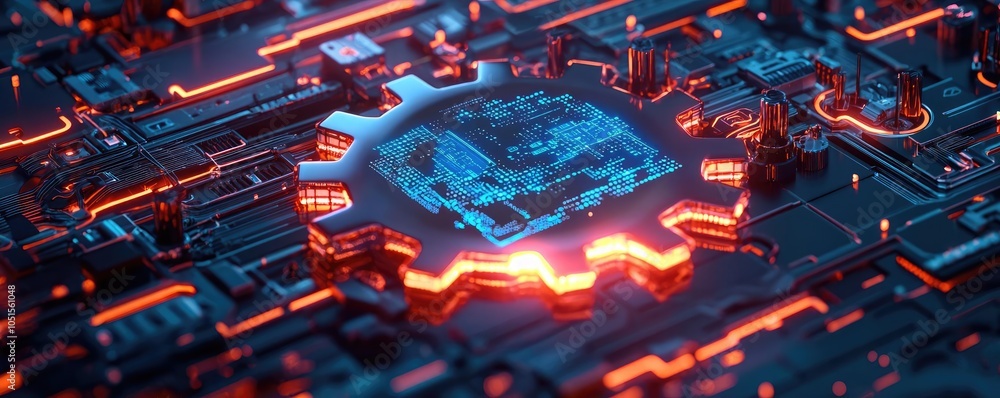 Poster close-up of a glowing circuit board with intricate patterns and vibrant colors.