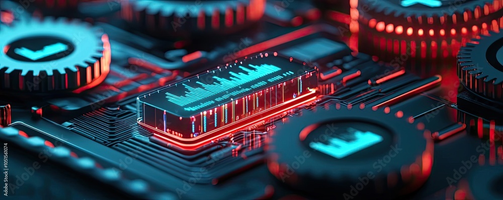 Poster close-up of a circuit board with glowing components on a dark background.