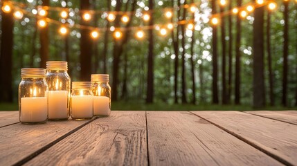 Candles in jars illuminated with fairy lights in a serene forest setting.