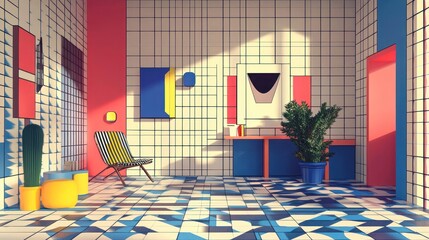 A vibrant, geometric interior design featuring colorful walls and furniture.