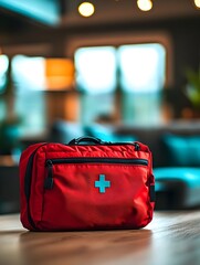 Red emergency kit on a table with soft light