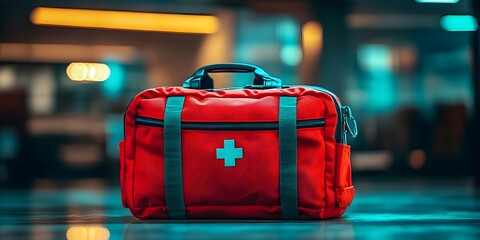 Red emergency kit on a table with soft light