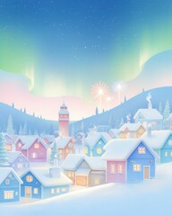 Fototapeta premium Christmas town on an icy planet, aurora and fireworks lighting the alien sky, magical holiday scene, Watercolor