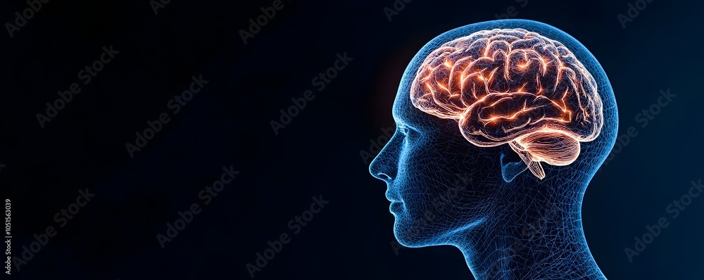 Poster illuminating thought processes side profile of a human head with visible brain in soft glow - concep