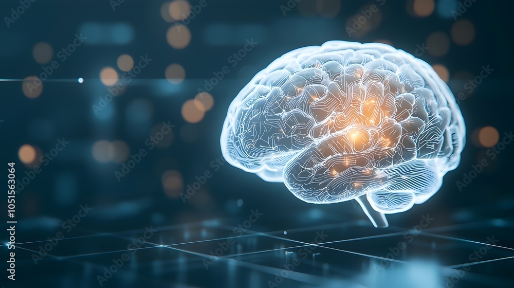 Poster illuminating thoughts conceptual illustration of a glowing brain with intricate neuron patterns agai