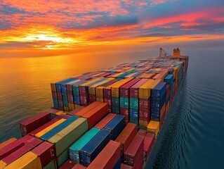 Fototapeta premium Container ship at sunset, vibrant colors, calm sea view.