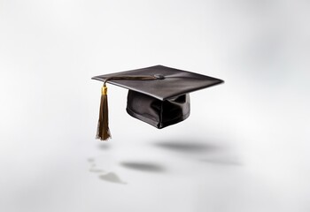 A black graduation cap with a brown tassel is suspended in mid-air against a plain white background.