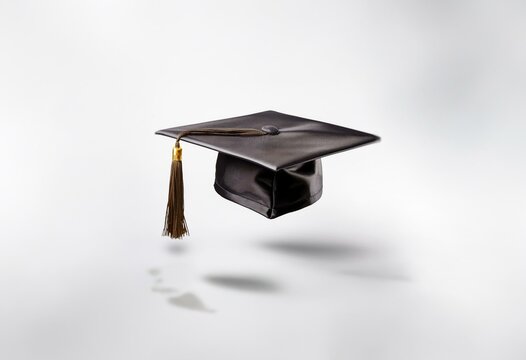 A black graduation cap with a brown tassel is suspended in mid-air against a plain white background.