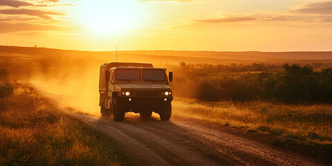 Fototapeta premium large truck driving on a dirt road in a desert-like environment during what appears to be either sunrise or sunset, given the warm lighting.