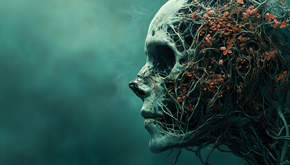 A Skull Covered in Vines and Flowers Creates a Haunting and Beautiful Image