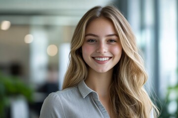 Fototapeta premium Cheerful young businesswoman smiling at the camera while sitting in an office lobby, Generative AI
