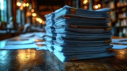 Stacked papers in a library setting, suggesting organization and study.