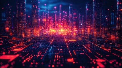 Obraz premium Futuristic cityscape with glowing data streams and digital elements.