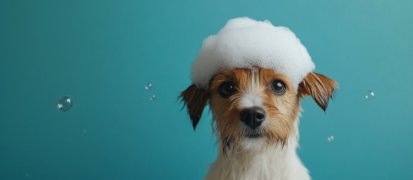 A dog is standing in a bathtub with bubbles and a towel on its head