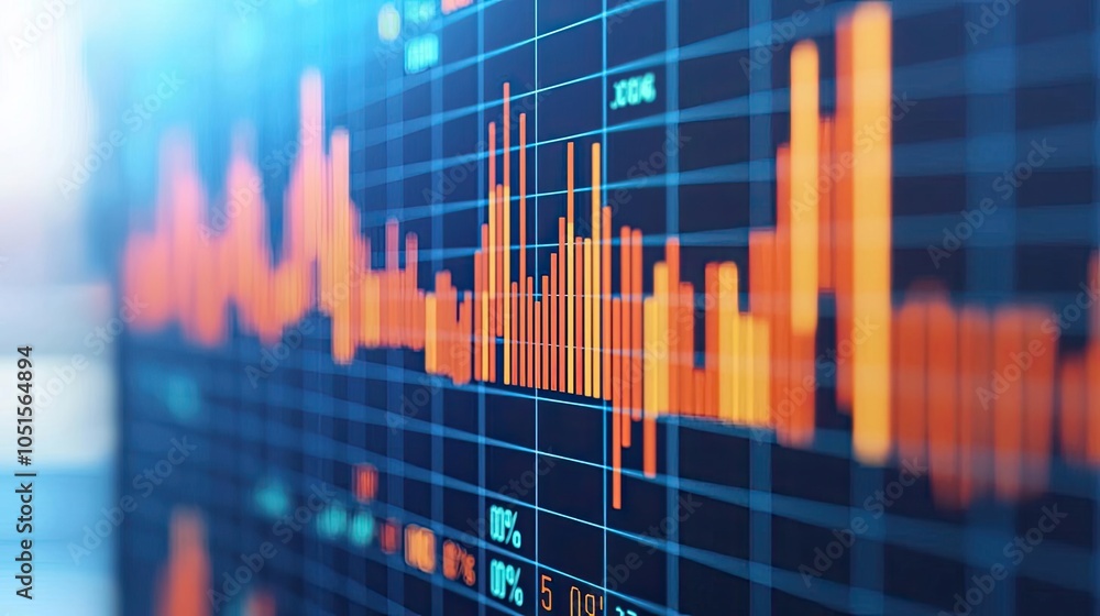 Poster data visualization with vibrant graphs on a blue digital background.