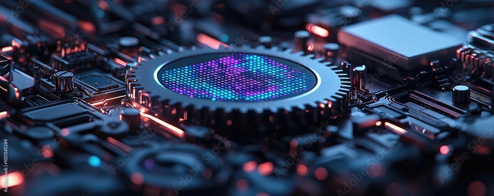 Poster close-up of a futuristic microprocessor on a circuit board, vibrant led lights.