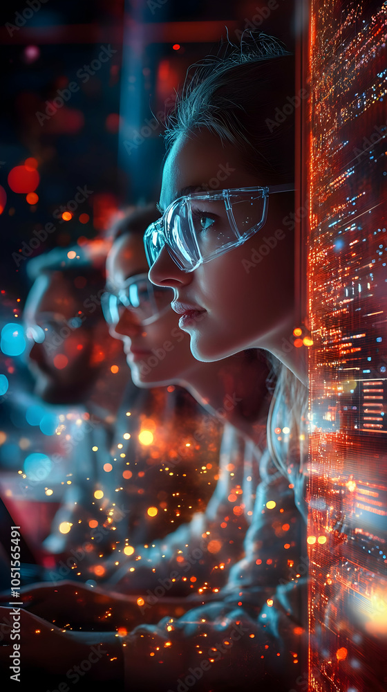 Poster scientists analyze data and work in futuristic laboratory with advanced technology
