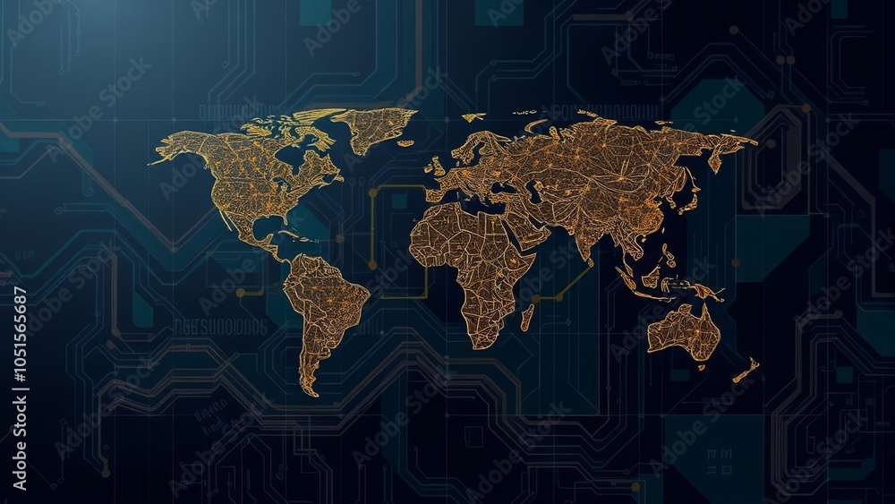 Aufkleber digital world map with glowing circuit design, representing global technology and connectivity