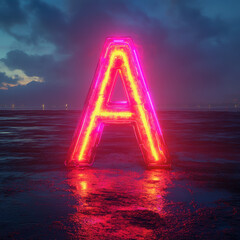 A neon "A" in red and pink lights glowing against a dark background, placed within a moody, misty landscape. The vibrant neon color and foggy setting give the letter a mysterious, futuristic vibe, ble