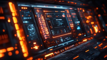 Obraz premium Futuristic control panel with glowing interfaces and data displays.