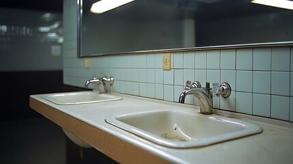 Fototapeta premium Exploring the aesthetics of minimalist design in public restroom spaces with dual sinks and clean lines