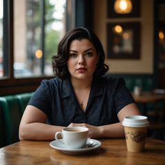 Plus Size Woman Confidently Enjoying Coffee at Cozy Vintage Cafe Joyful Expression mid-forties sipping espresso, chic outfit