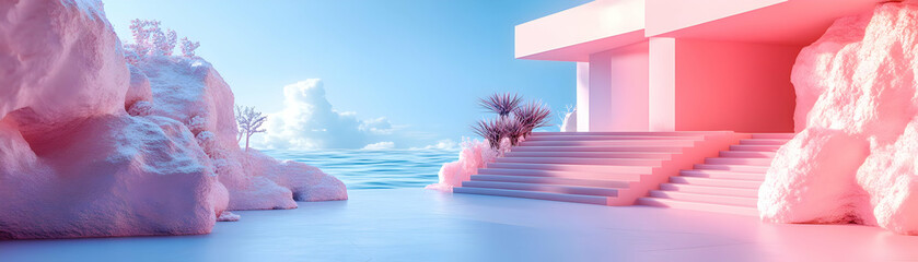 Obraz premium Pink Surreal Architecture on a Sunny Seashore