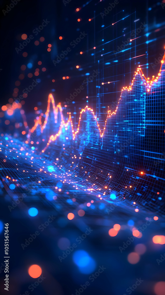 Poster abstract digital landscape shows glowing data charts with grid pattern in blue and orange