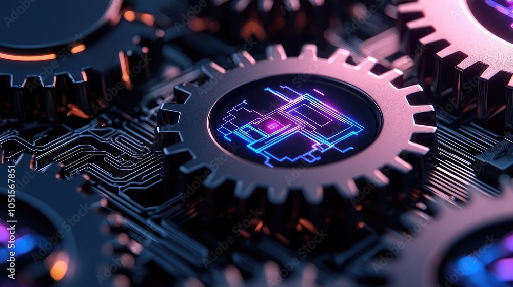 Poster close-up of metallic gears with digital circuit patterns, modern design.