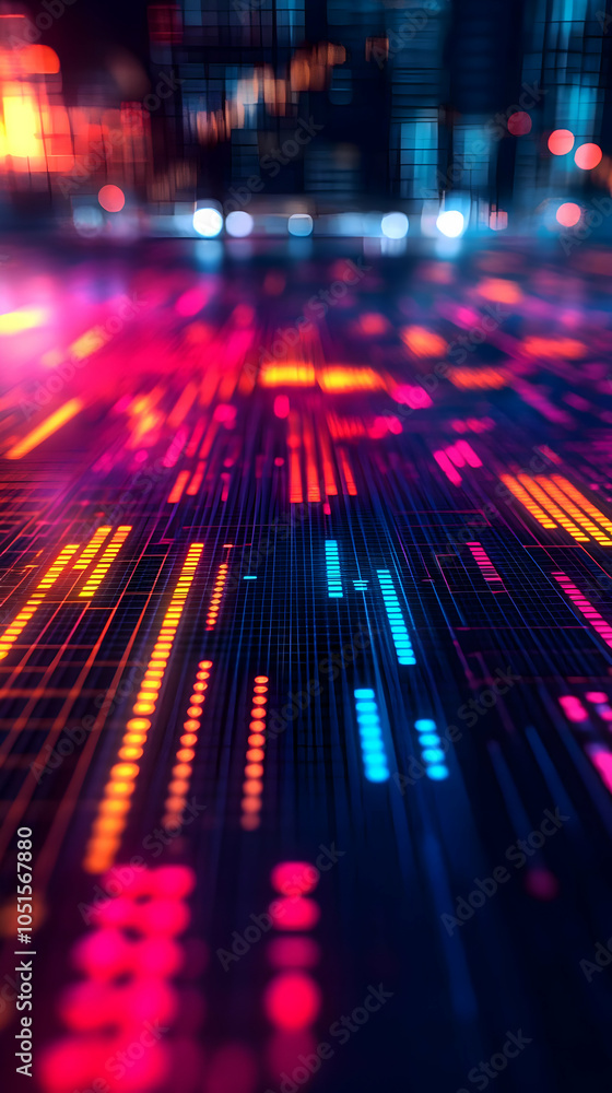 Poster abstract background with neon glowing lines and bokeh lights effect