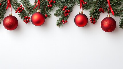 Red Christmas ornaments and fir branches on a white background.