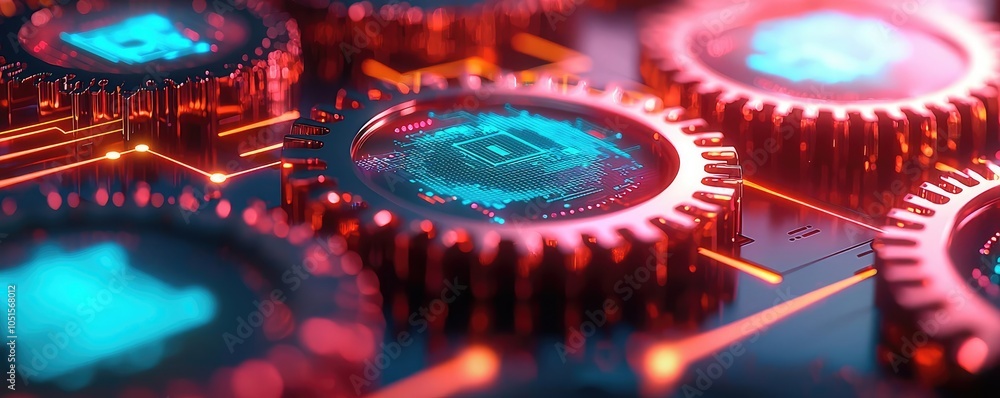 Poster abstract gears and circuits with glowing elements in vibrant colors, digital concept