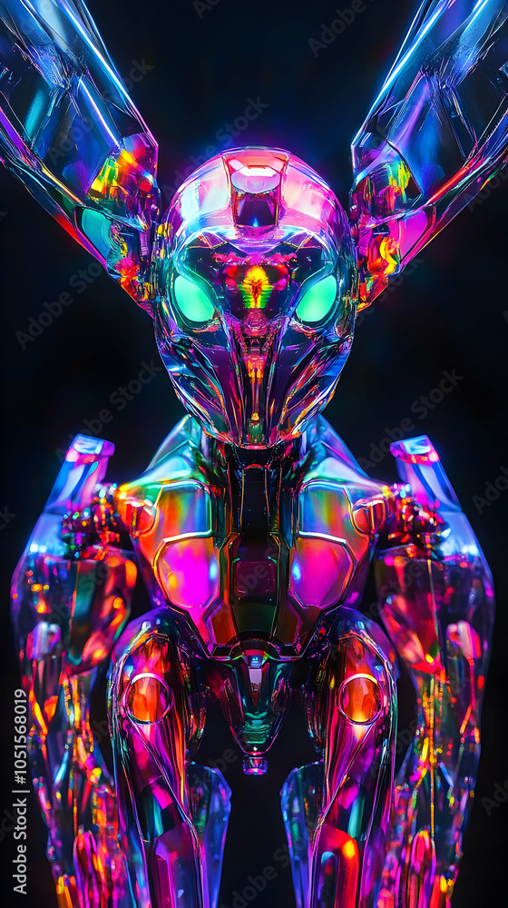 Poster iridescent robot with glowing eyes stands in a dark space