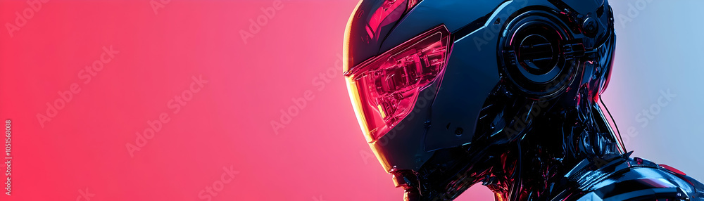 Poster futuristic robot with visor reflecting neon lights on gradient background