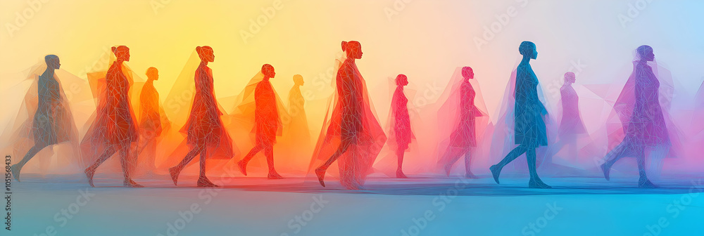 Poster abstract illustration of people walking in a line with colorful geometric patterns