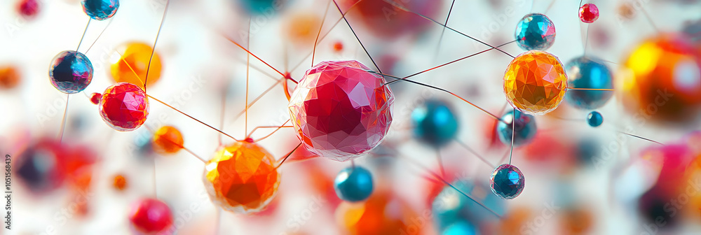Poster colorful polygonal spheres connected by thin lines form an abstract network structure