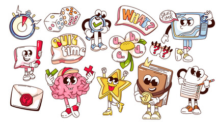 Groovy quiz cartoon characters and stickers set. Funny retro TV and book with gold medal, star and curious eyes with question marks, brain. Quiz cartoon mascots of 70s 80s style vector illustration