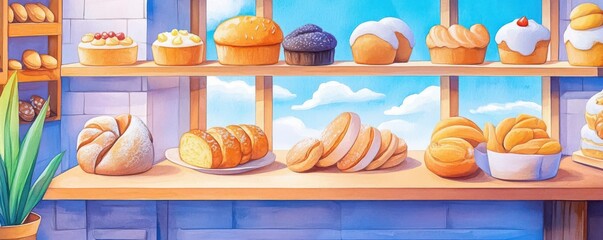 Tiny bakery, cozy interior, pastries on shelves.