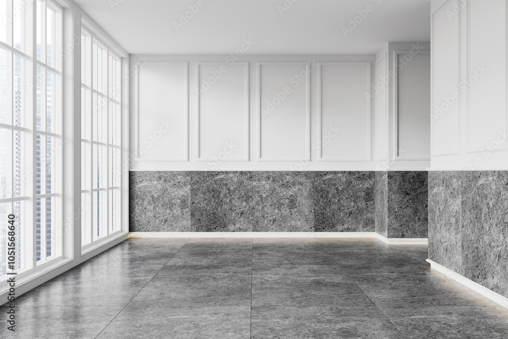 Poster modern empty interior with large windows and stone walls. 3d rendering