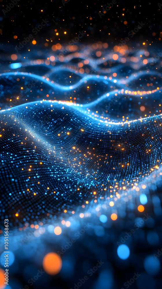 Poster abstract background blue wave with shiny particles effect.