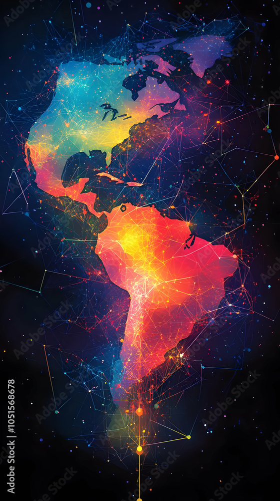Poster colorful abstract world map with connecting lines and dots illustrates global network