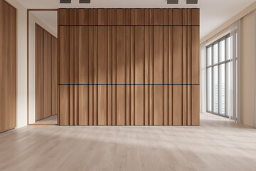 Empty room with wooden panel wall and large windows. 3D Rendering