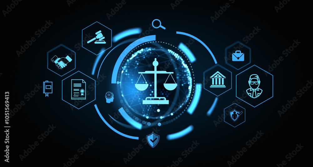 Aufkleber digital icons of law symbols on a futuristic interface. 3d rendering